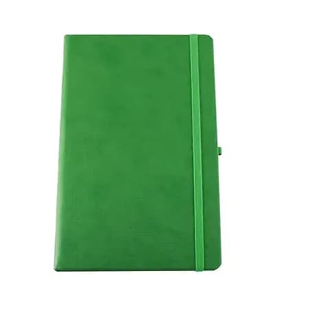 promosyon yeşil suni deri kapaklı lastikli defter, sağ yanda kalem halkası, beyaz fon