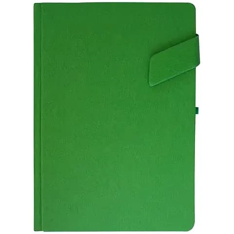 promosyon yeşil mat deri defter, kapak kapatma kuşağı ve yan sekme detayı