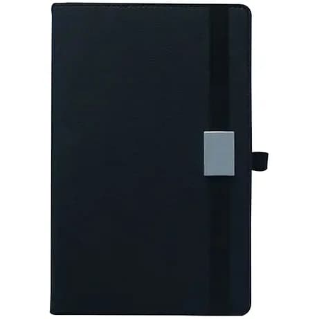 promosyon siyah suni deri kapaklı lastikli defter, ön kapakta kare metal plaka, beyaz fon