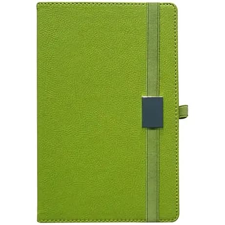 promosyon açık yeşil suni deri kapaklı lastikli defter, ton uyumlu lastik ve kalem halkası