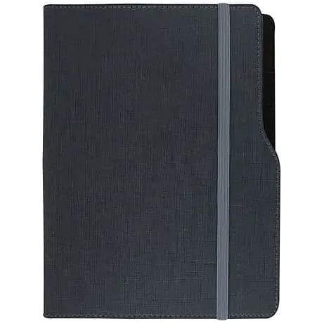 promosyon antrasit koyu gri suni deri kapaklı lastikli defter, kenarda kesik oyuk ve kalem halkası