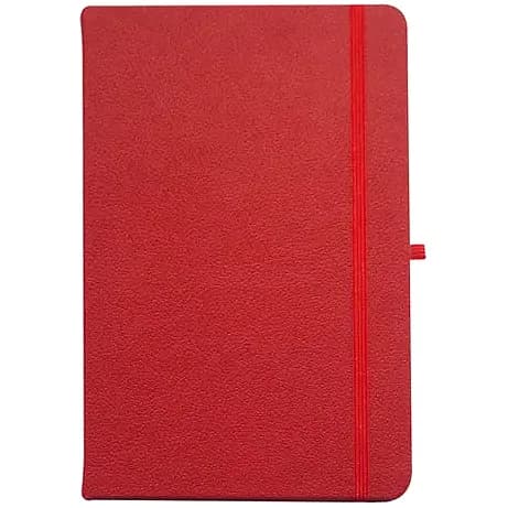 promosyon kırmızı suni deri kapaklı lastikli defter, dikiş detaylı kenar, beyaz fon