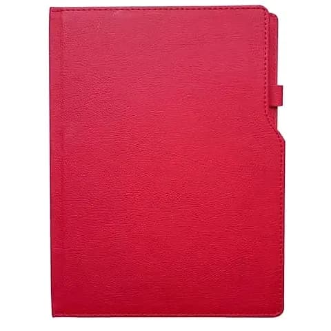 promosyon kırmızı deri görünümlü defter kapağı, dikişli, sağ üstte çıkıntı, sağ altta çentik