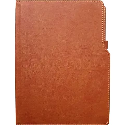 promosyon kahverengi deri defter kapağı, dikişli, sağ kenarı çentikli ve çıkıntılı, yazısız, beyaz zemin