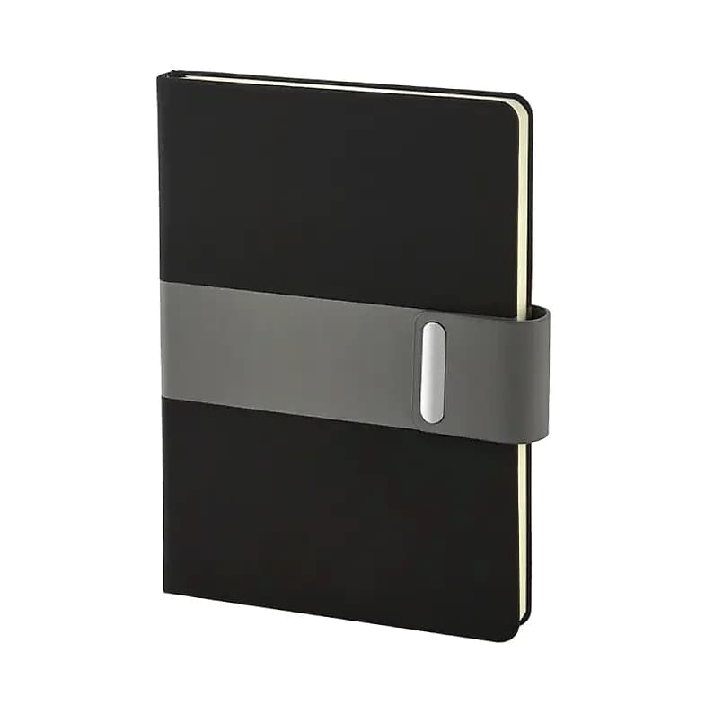 Siyah promosyon defter, geniş gri yatay lastik ve gümüş oval kalem halkası