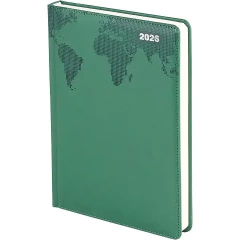 promosyon yeşil sert kapaklı defter, noktalı dünya haritası ve 2026 baskılı, beyaz sayfalar, beyaz zemin