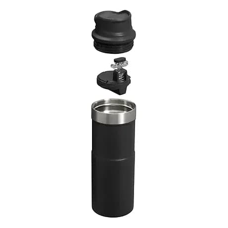 Promosyon siyah termos, parçalarına ayrılmış halde yaylı piston ve filtre düzeneğiyle