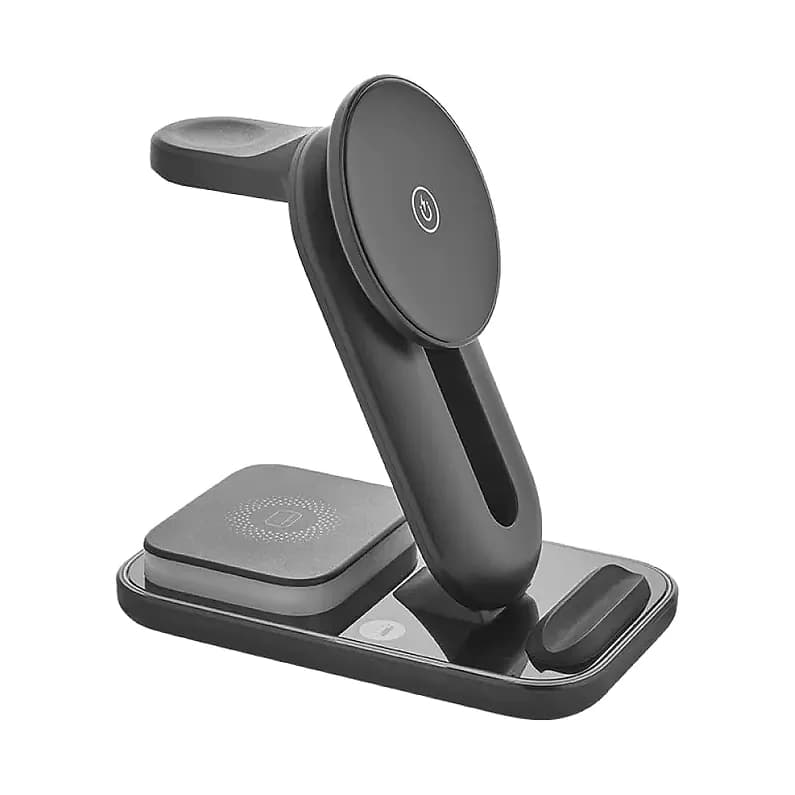 Dikey standlı siyah promosyon şarj istasyonu, telefon saati ve kulaklık için