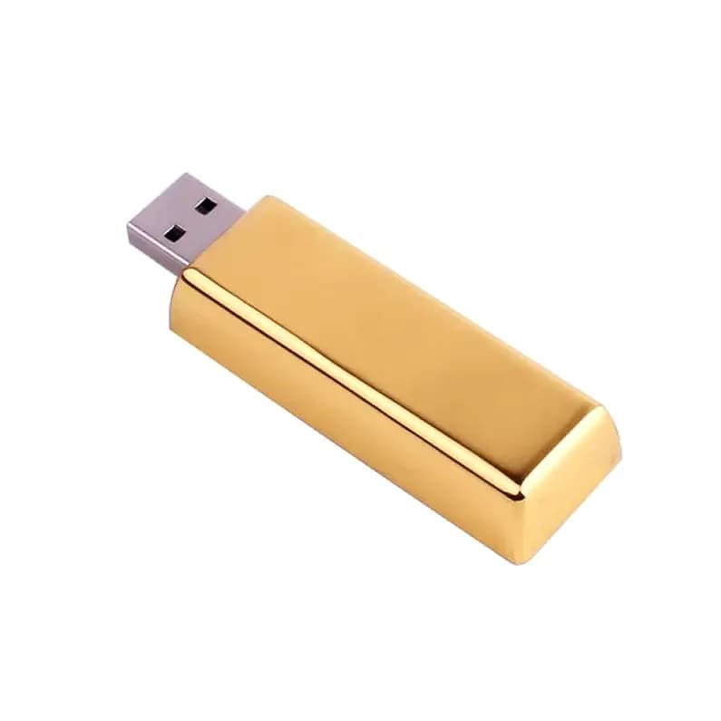 Promosyon altın sarısı metal USB bellek, gümüş bağlantı ucunda iki küçük delik ve yuvarlak köşeler