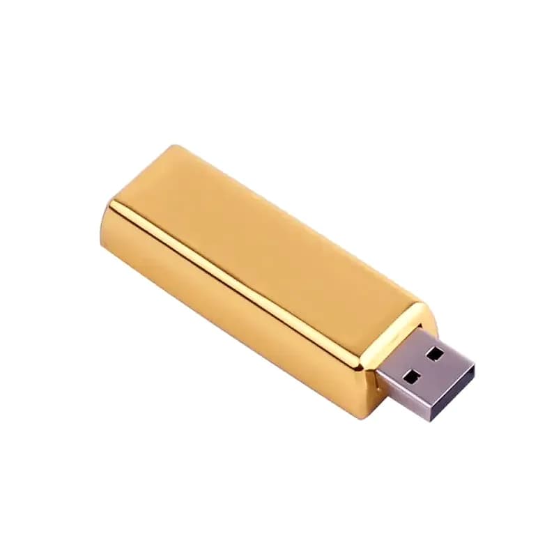 Promosyon külçe biçimli altın renkli USB bellek, gri metal bağlantı ucu ve düz geniş baskı yüzeyi
