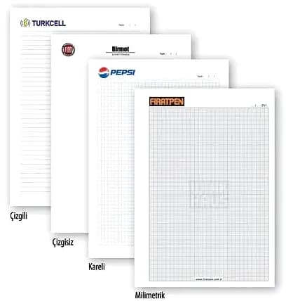 promosyon farklı kurumsal logolu bloknot numuneleri, çizgili kareli milimetrik sayfa seçenekleri