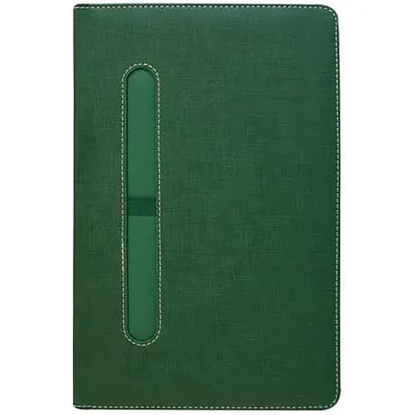 Koyu yeşil keten dokulu defter kapağı, dikey kalem yuvası ve kenar dikişleri; promosyon ürünü