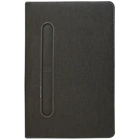 Antrasit keten dokulu defter kapağı, dikişli kenar ve dikey kalem yuvası; promosyon ürünü