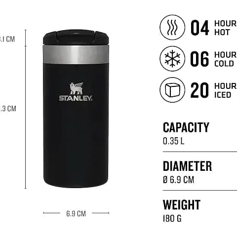 Promosyon siyah termos ölçü görseli, 0,35 L kapasite, 16,3 cm yükseklik ve 180 g ağırlık