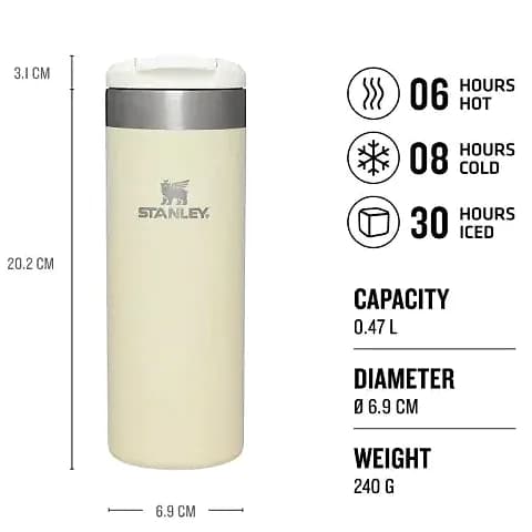 Promosyon krem termos ölçü görseli, 0,47 L kapasite, 6,9 cm çap ve 30 saat buz tutma