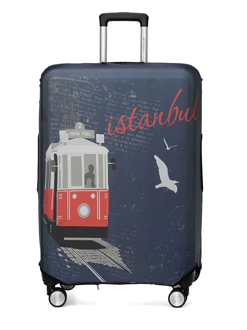Promosyon lacivert valiz kılıfı, İstanbul yazılı tramvay ve martı baskı desenli