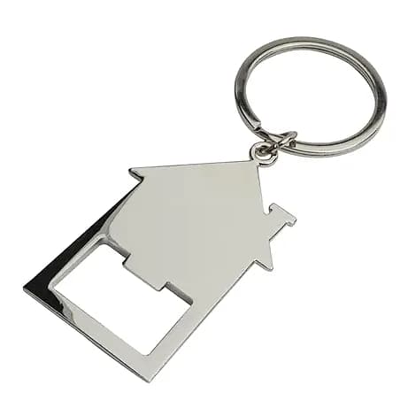 Promosyon gümüş metal anahtarlık, ev silüeti formunda plaka ve halkasıyla