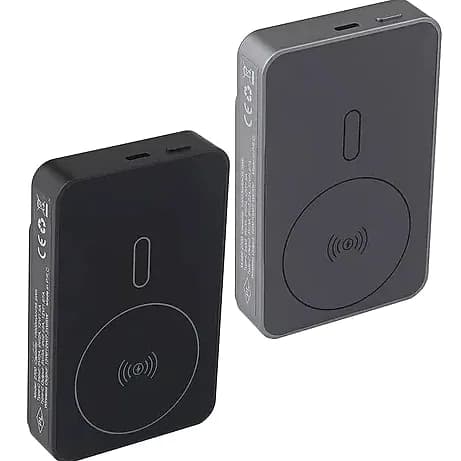 Promosyon siyah ve gri ikili manyetik powerbank, yan yüzeyinde sertifika baskıları