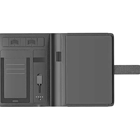 Promosyon antrasit organizer çanta açık halde, cepleri ve powerbank yuvasıyla