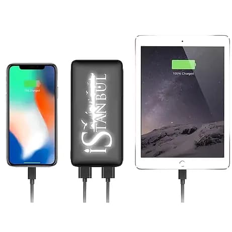 Promosyon siyah powerbank, telefon ve tableti aynı anda şarj ederken