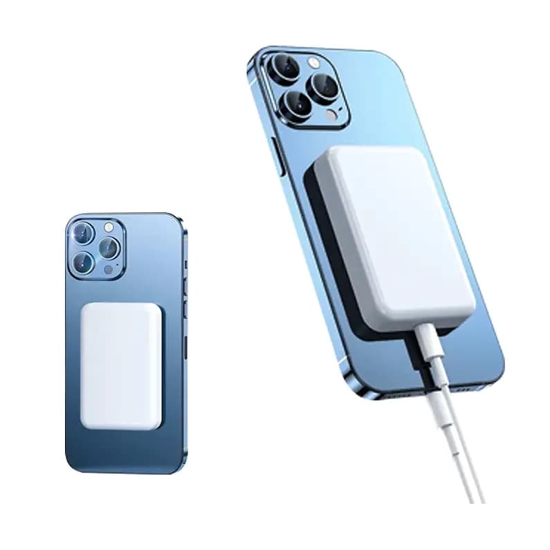 Mavi promosyon manyetik powerbank, telefona takılı, üçlü kamera ve kablo bağlantısı görünür