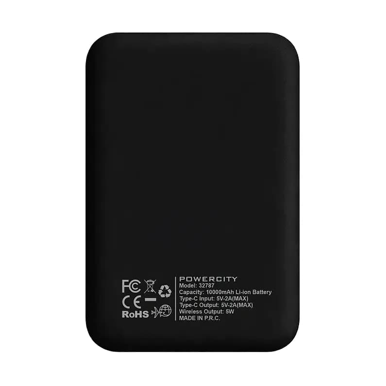 Siyah promosyon powerbank, kablosuz şarj ve C tipi bağlantı, arka yüzde teknik bilgi baskısı