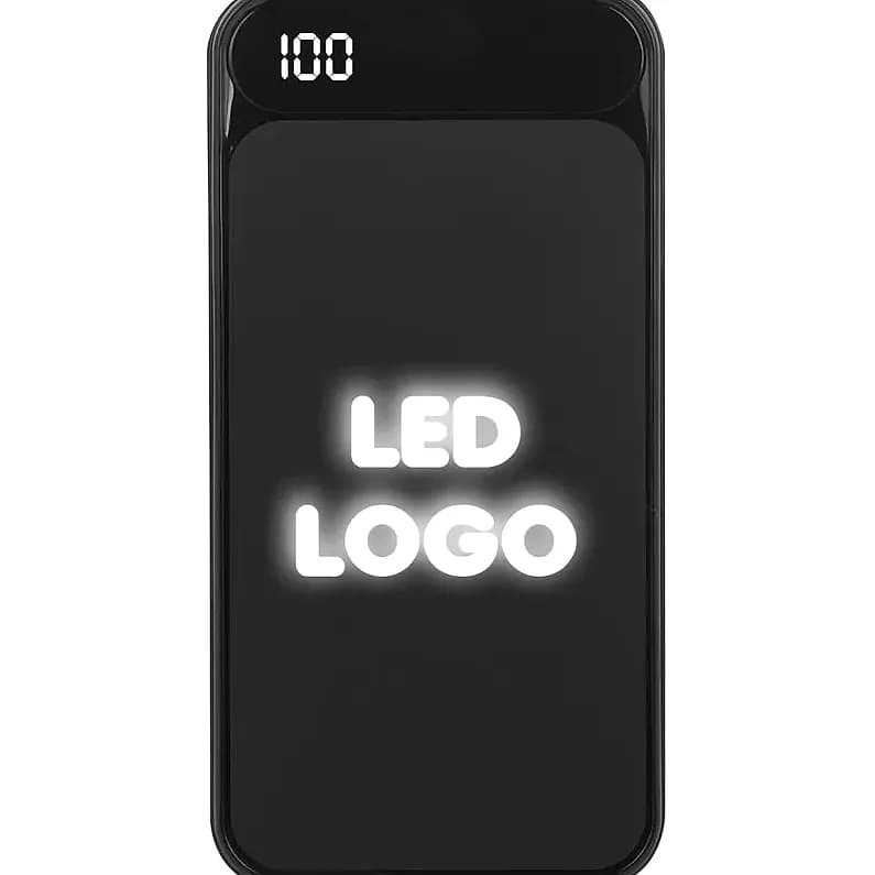 Parlak siyah promosyon powerbank, dijital gösterge ve ışıklı harf detayı
