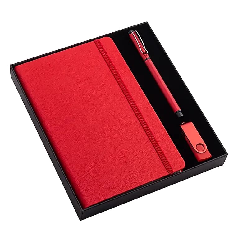 Kırmızı Termo Deri Defter ve USB Seti — toptan promosyon siparişlerine uygun