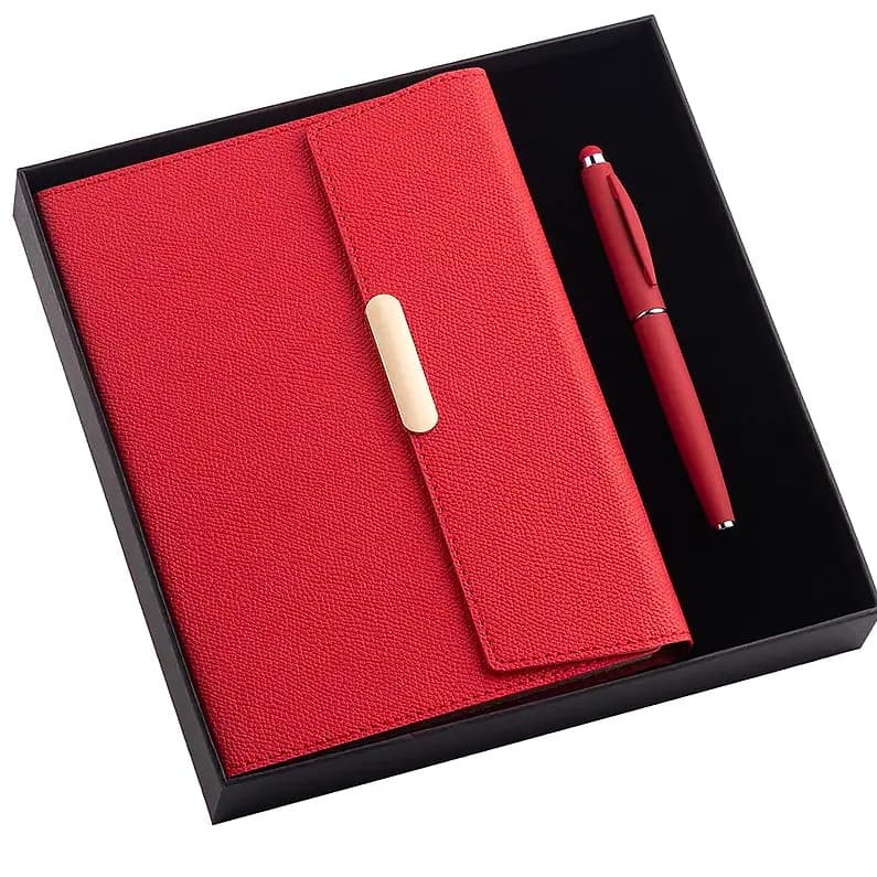 Kırmızı kapaklı promosyon defter kalem seti, dikişli kenar, siyah sert kutuda