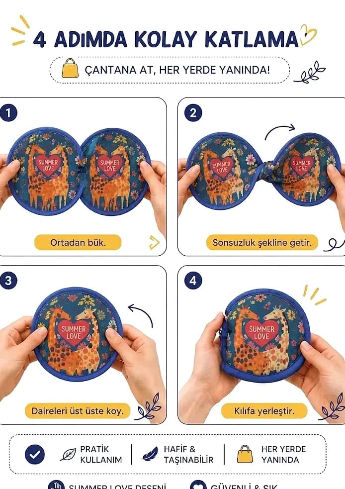 Zürafa desenli promosyon katlanabilir çanta, kılıflı, dört adımda katlanır