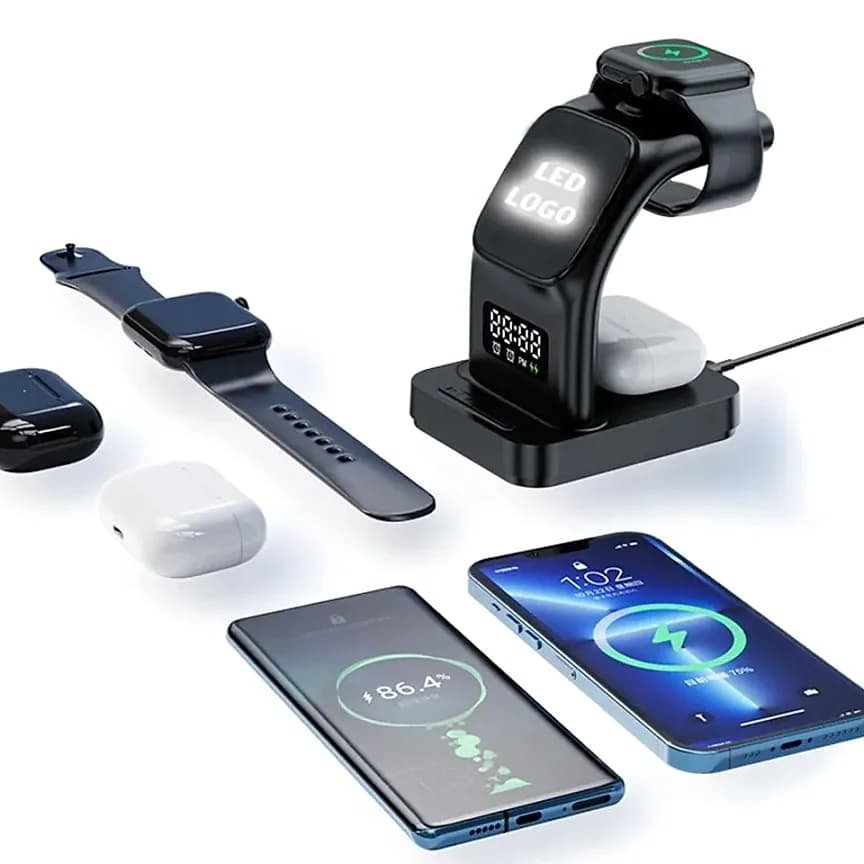 Promosyon siyah çok cihazlı şarj standı seti, telefon, saat ve kulaklık yuvaları ile düz şarj pedi