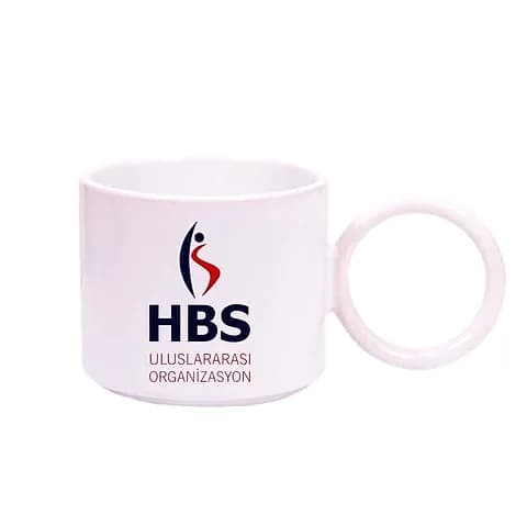Halka kulplu beyaz porselen kupa, lacivert kırmızı amblemli örnek baskı; promosyon hediye örneği
