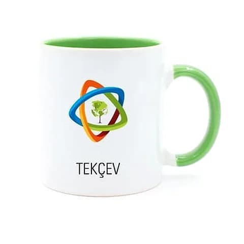 İçi ve kulpu yeşil beyaz promosyon kupa; çevre vakfı logosu baskılı