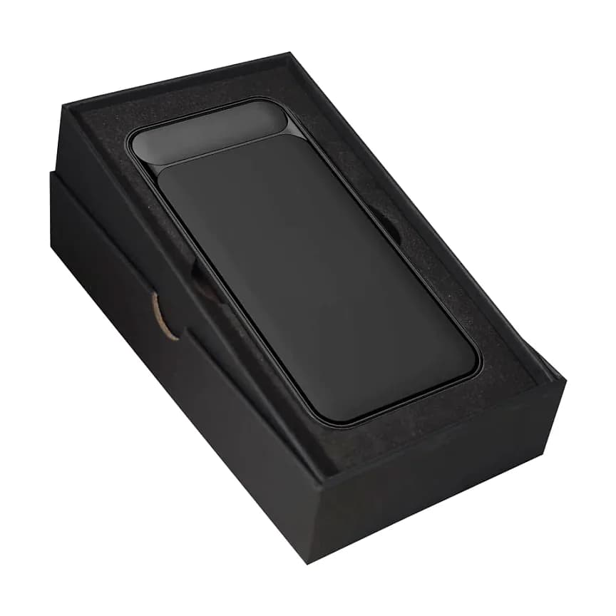 Promosyon koyu gri powerbank taşlama kutusu içinde, parmak oyuğu
