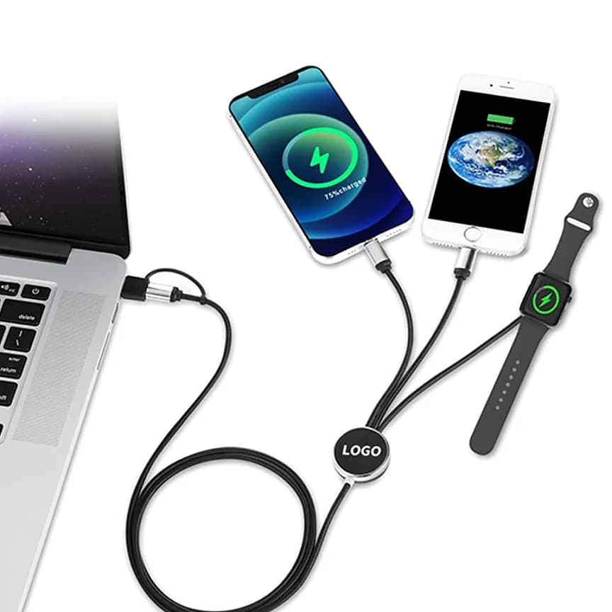 Promosyon siyah ışıklı şarj kablosu kullanımda, telefon, akıllı saat ve dizüstü bilgisayar şarjda