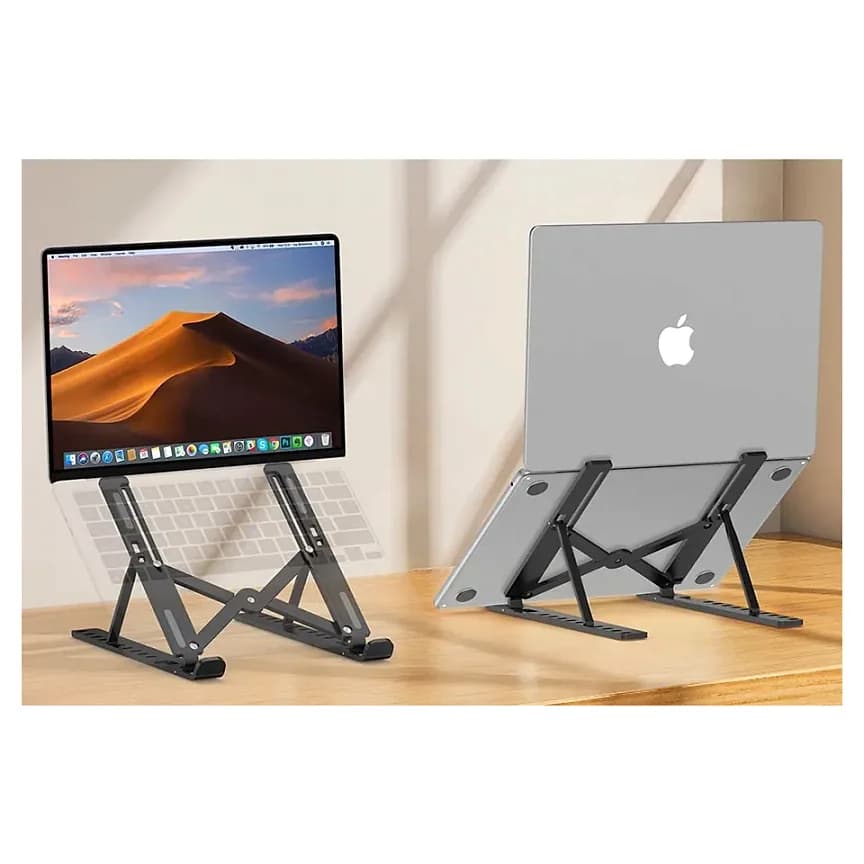 Promosyon siyah metal açılır laptop standı, iki dizüstü bilgisayar, ahşap masa üzerinde
