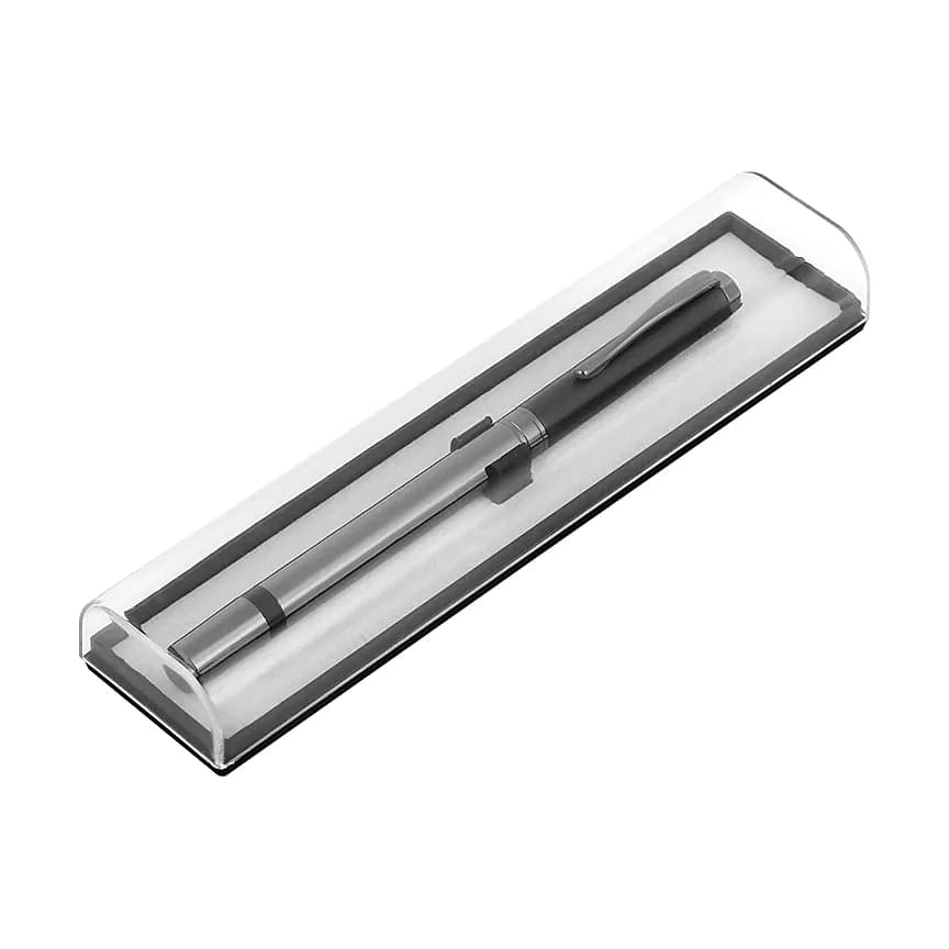 Promosyon siyah metal roller kalem, şeffaf sert kılıf ve gümüş detay
