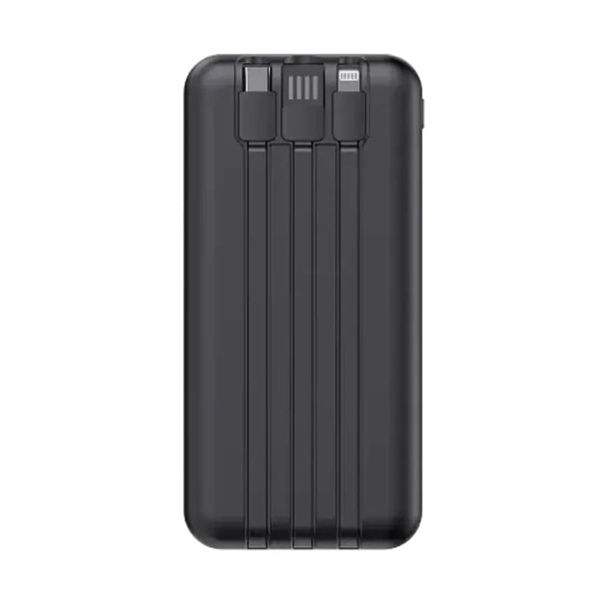 Promosyon siyah powerbank arka yüz, oluklu mat doku ve gömülü kablolar