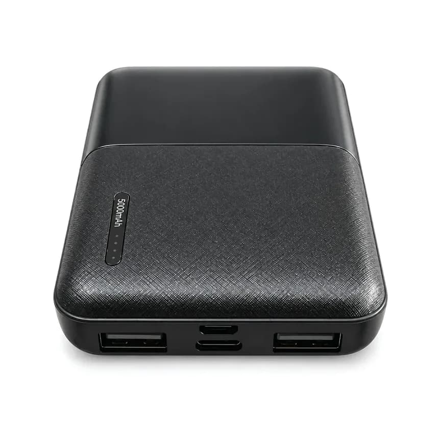 Promosyon powerbank 5000 mAh, mat siyah plastik gövde, ön yüzde dört kademeli ışıklı gösterge