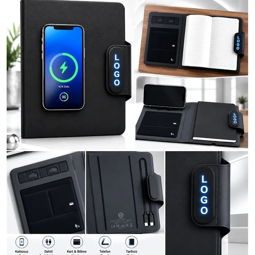 Suni Deri Powerbank Organizer, 8000 mAh — logo baskılı promosyon seçeneği