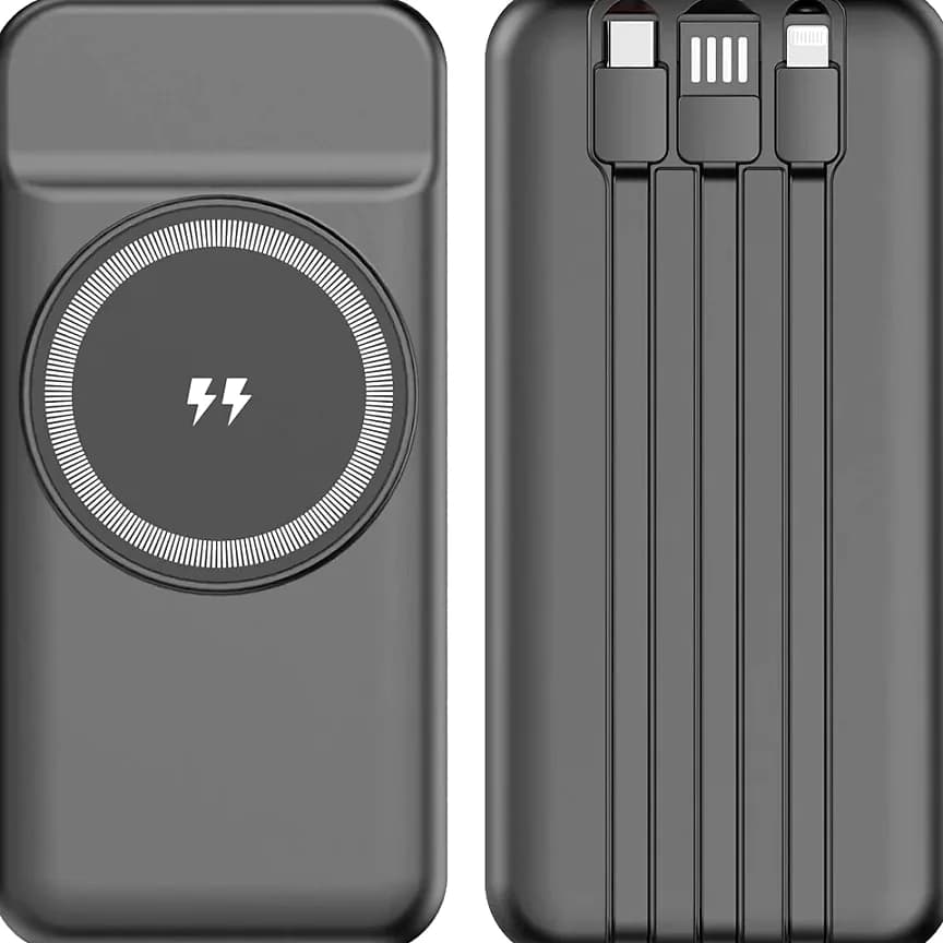 Koyu gri manyetik kablosuz şarj halkalı, şimşek simgeli dikdörtgen powerbank.