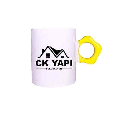 Sarı çiçek kulplu beyaz promosyon porselen kupa; örnek firma logosu baskılı ön görünüm