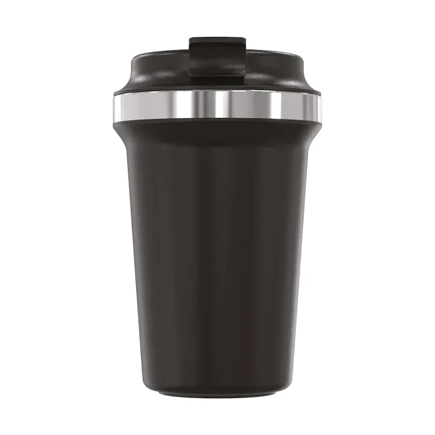 Siyah termos bardak; üstü geniş gövde, gümüş metal kapak halkası ve dikdörtgen tırnak.
