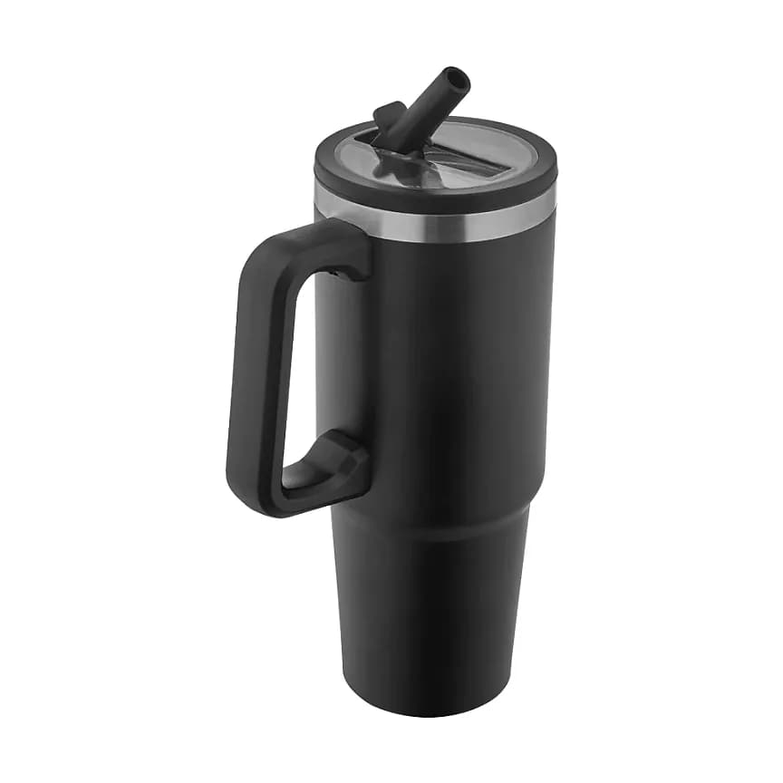 Paslanmaz çelik termos; yan tutamak, pipetli siyah kapak ve gövdede metal bant.