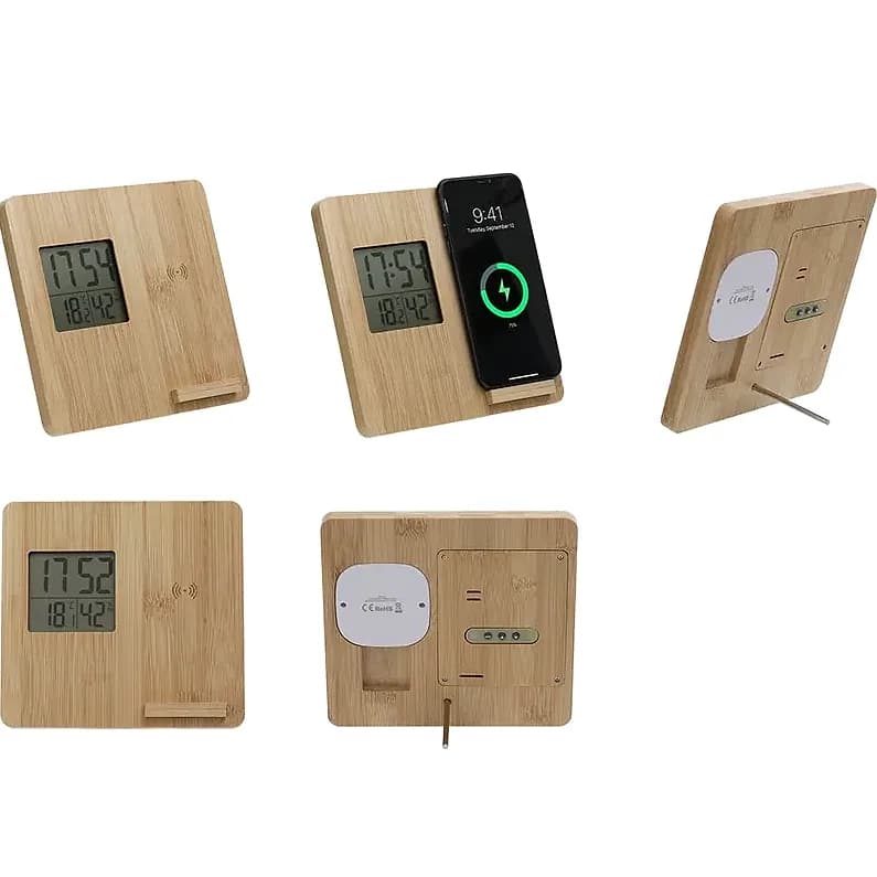 Bambu Masaüstü Saat ve Kablosuz Şarj Cihazı için logolu promosyon üretimi