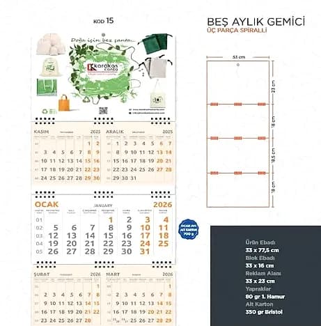 Üç Parça Spiralli Beş Aylık Gemici Takvimi — logo baskılı promosyon seçeneği