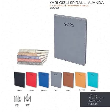 Gizli Spiralli Ajanda — Yıllık Planlı; promosyon siparişlerinde kurumsal baskı için hazır