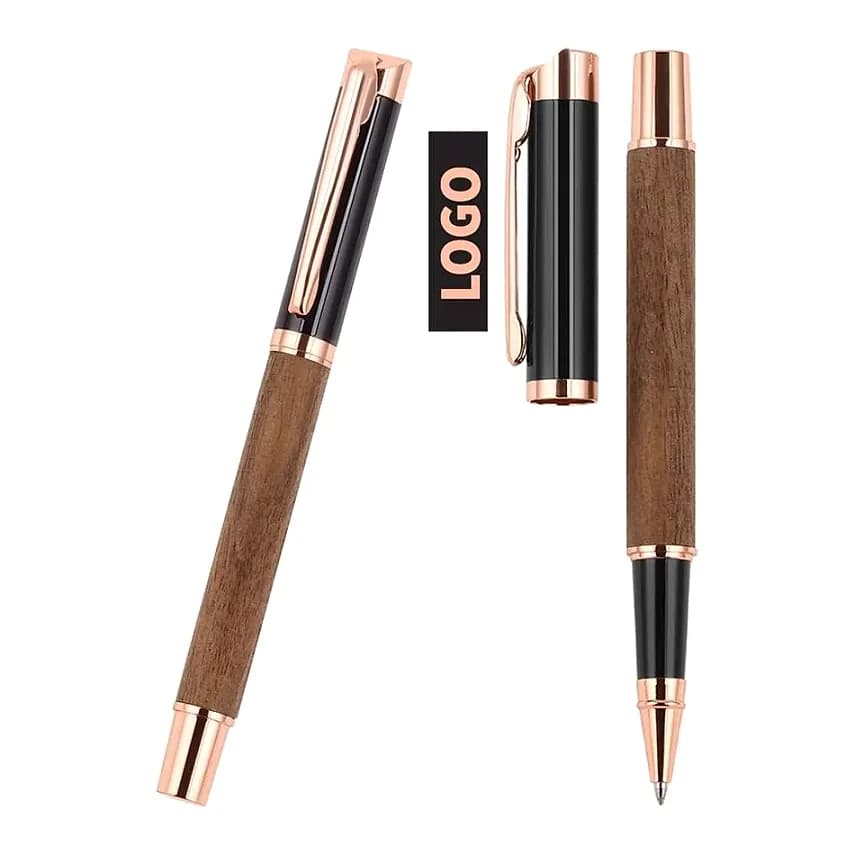Rose Gold ve Ahşap Detaylı Metal Roller Kalem, promosyon kataloğunda logolu model