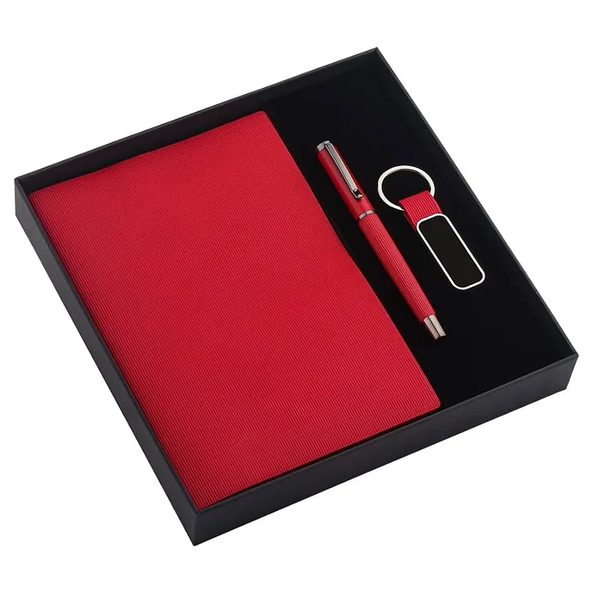 Defter, Kalem ve Anahtarlıklı Hediye Seti — logo baskılı promosyon seçeneği